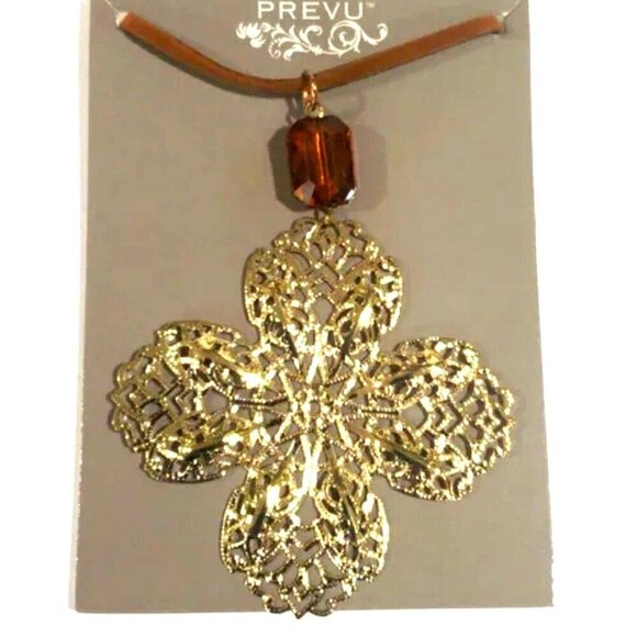 Brown Cord Gold color Floral Shape Beaded Pendant Necklace - Women's Jewelry - Picture 1 of 7